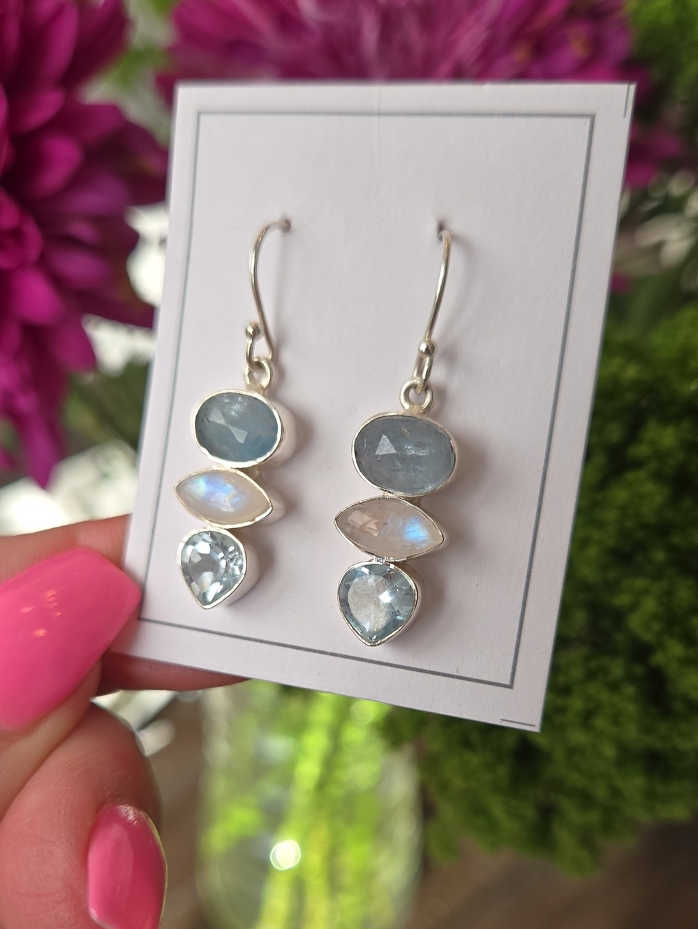 Aquamarine, Blue Topaz, Moonstone Solid Sterling Silver Earrings